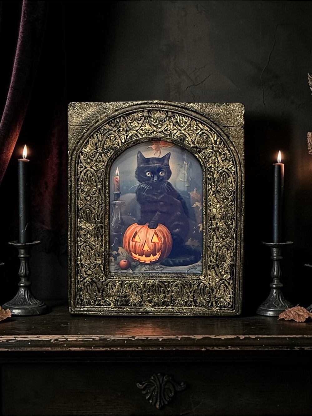 Vintage Ornate Black Cat Halloween Frame with Gold Accents
